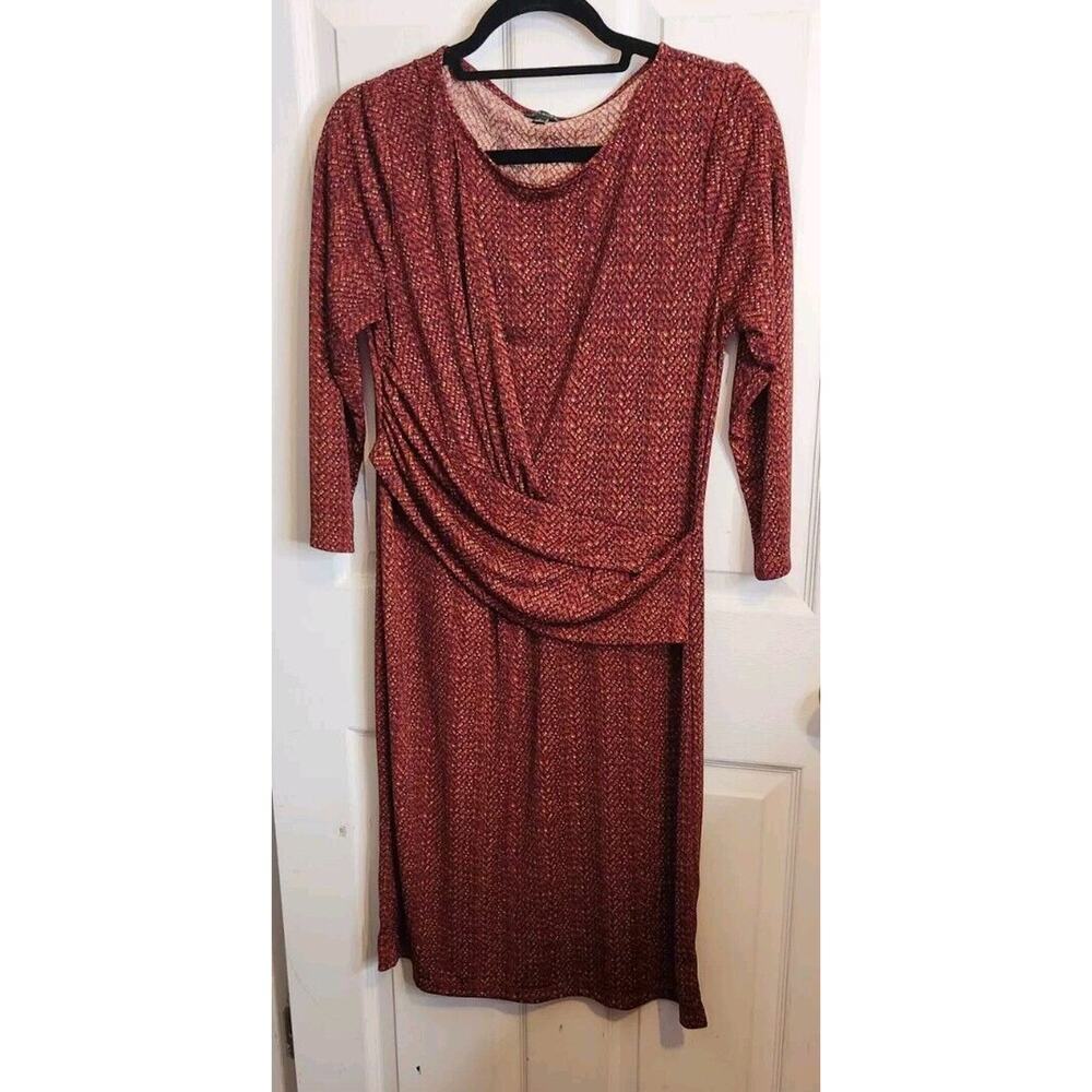 Talbots Faux Wrap Midi Dress Size L Rust‎ Fall Career Party 3/4 Sleeve Stretch